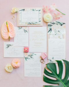 Tropical wedding invitation suite with pocket envelope and address card. Digitally printed in gold ink.